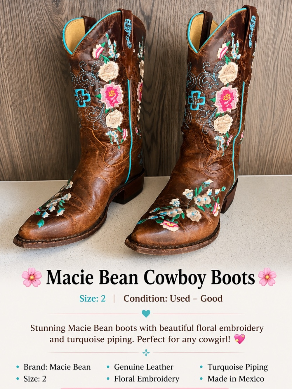 Macie Bean Brown Cowboy Boots with Turquoise Piping and Pink Floral Embroidery
